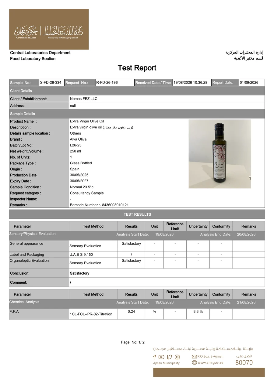 Test report, Ajman Central Laboratories, issued 1 September 2026, Sample S-FD-26-334 · request R-FD-26-196