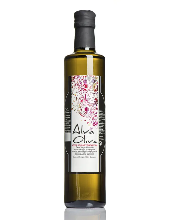 Alva Oliva extra virgin olive oil, 500 ml Marasca glass bottle, front label
