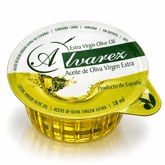 Sealed 18 ml single-dose cup of Álvarez extra virgin olive oil