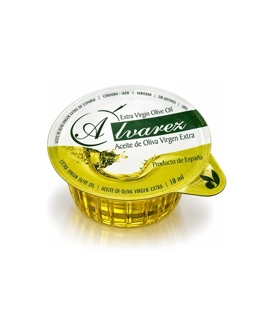 Sealed 18 ml single-dose cup of Álvarez extra virgin olive oil