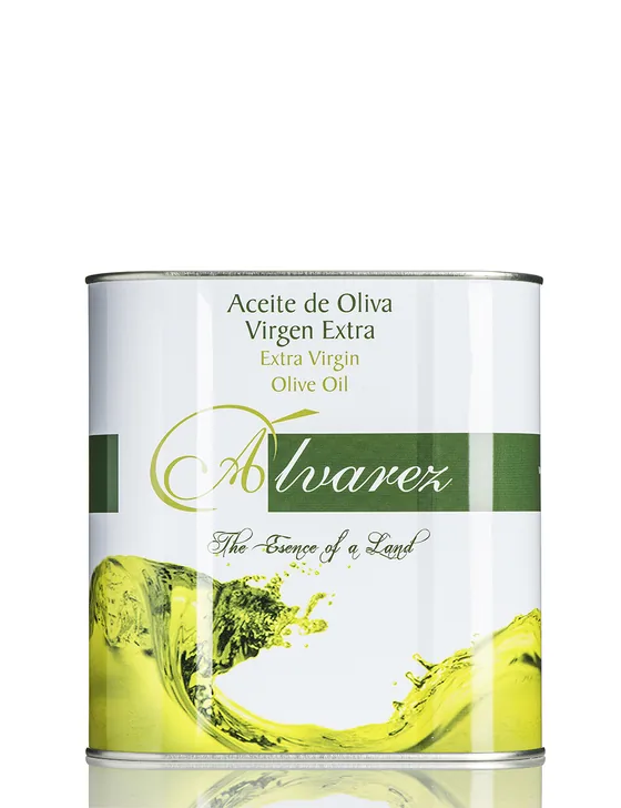 Álvarez extra virgin olive oil 2.5 litre tin, front face